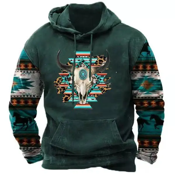 Spring Autumn Men Cowboy Hoodie Vintage Print Casual Stylish Pullover Fashion Long Sleeve Hooded Clothing Male Retro Streetwear