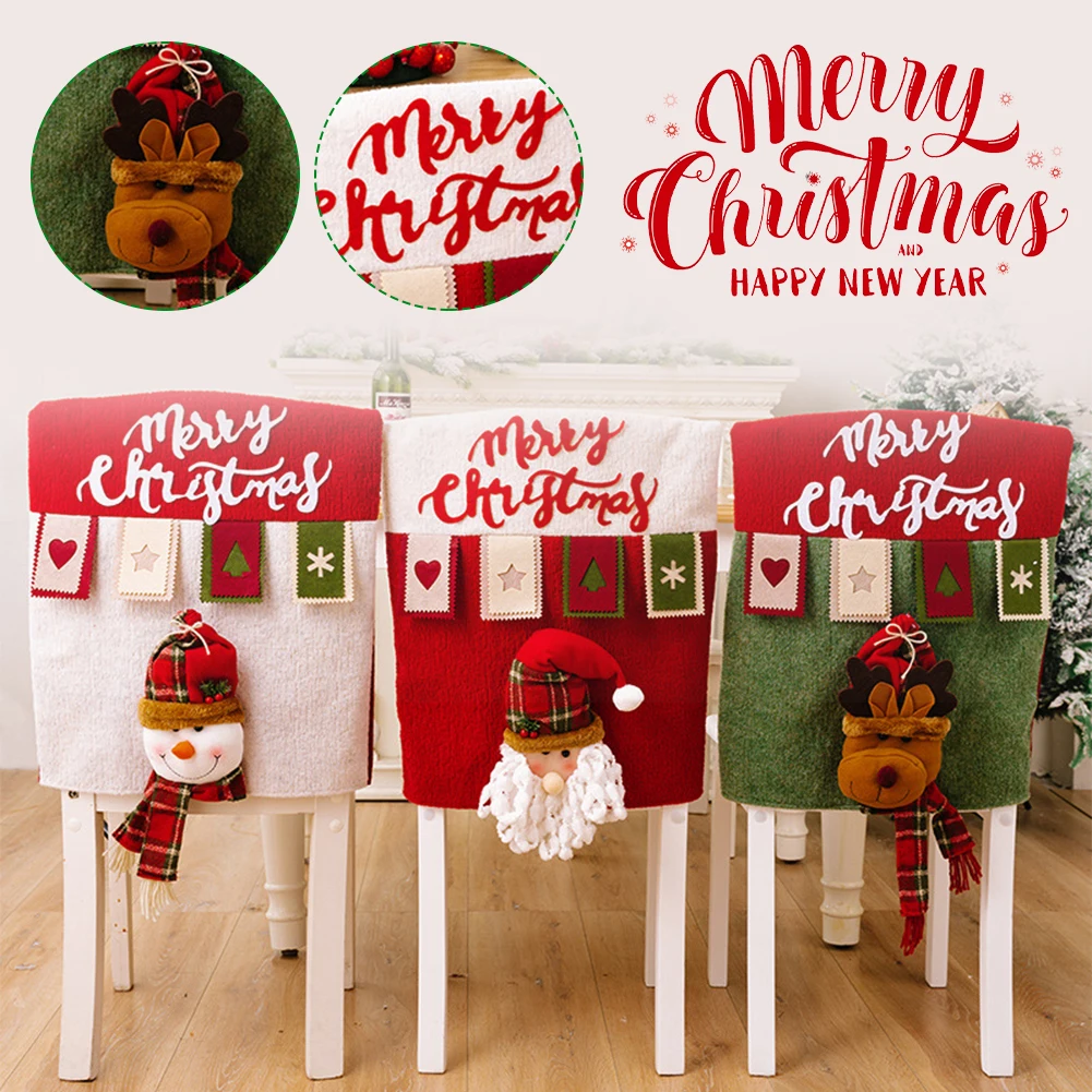 

Christmas Chair Cover Polyester Kitchen Dining Chair Slipcover 3D Santa Claus Snowman Reindeer Back Cover Xmas Home Decoration