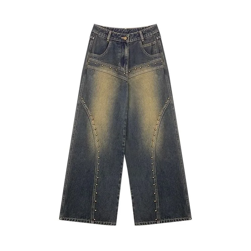 Women Wide-legged Pants Low-rise Jeans Woman's Clothing Studded Vintage Baggy Trouser Streetwear Y2K Hipster Solid Design New