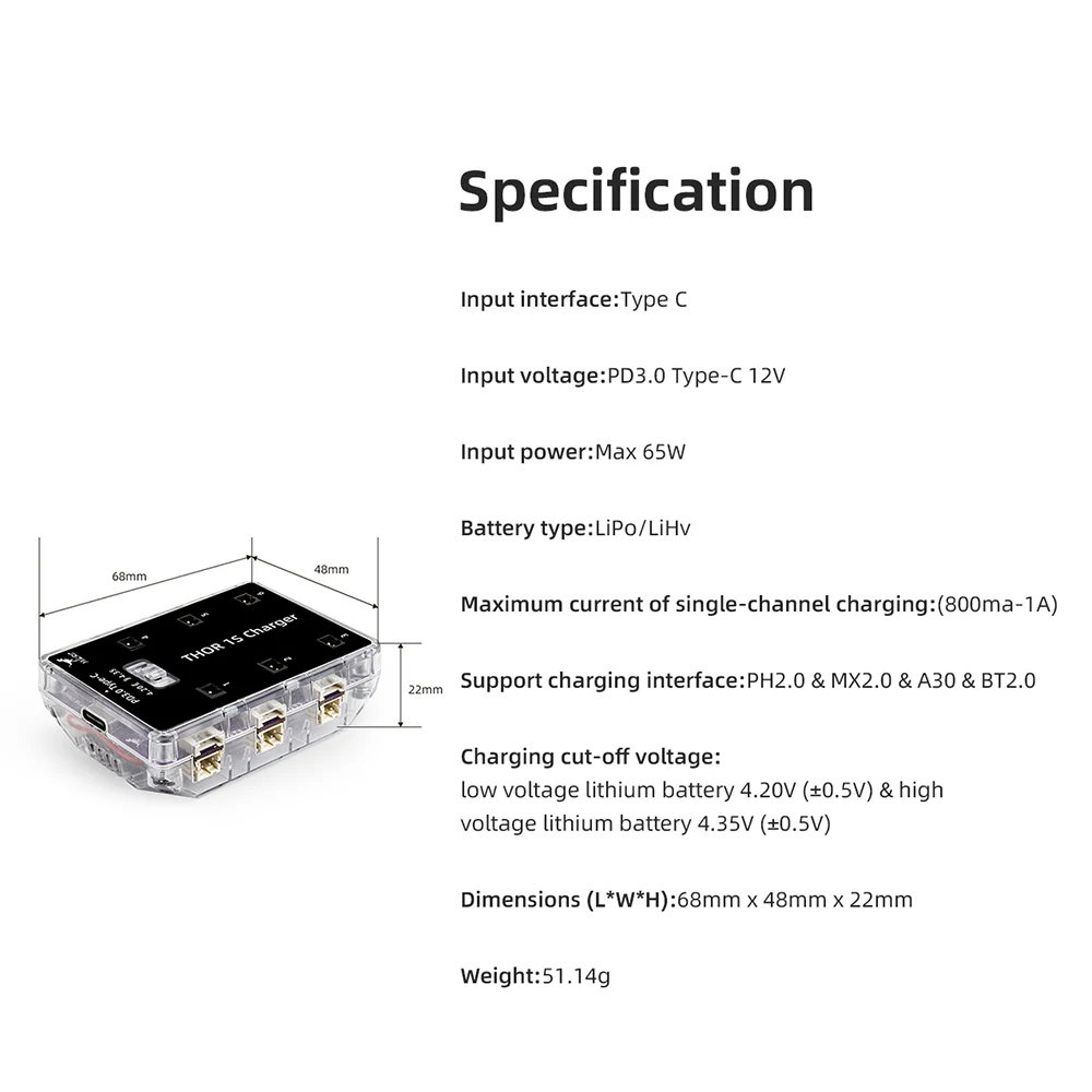 HGLRC Thor 1S Charger V2 6-way parallel charging board supports PH2.0 & MX2.0 & A30 & BT2.0 connector PD3.0 Type C 12V interface thumbnail 3