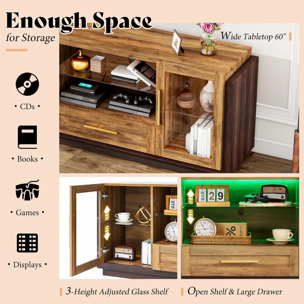 Cabinet with LED Lights, 60" Coffee/Wine Bar Cabinet with Glass Doors & Open Shelves & Drawers, Modern Entryway Console Table