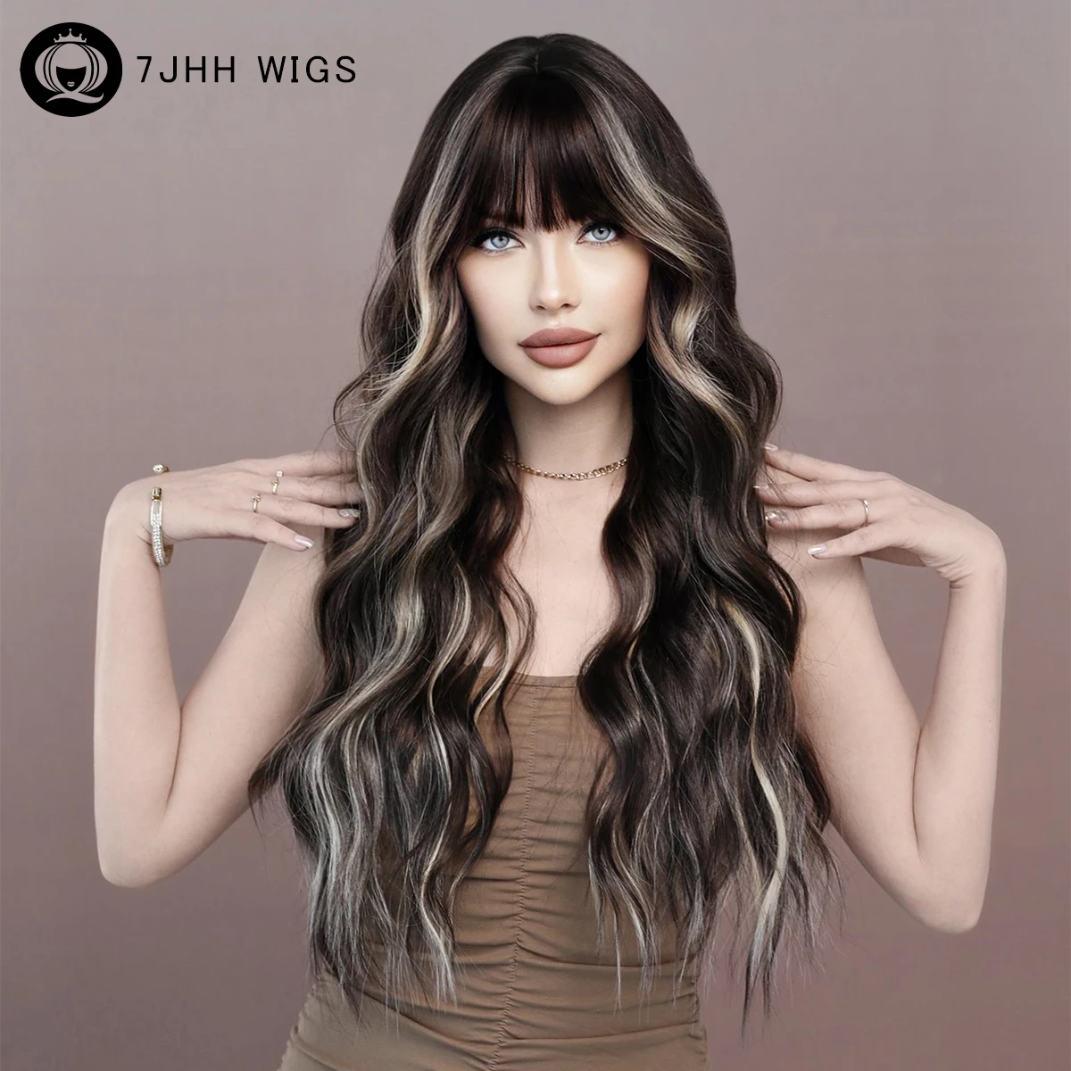 

Synthetic Wavy Black Wig for Women Highlights White Blonde Curly Wig with Bangs High Density Hair Ends Dyed Blonde for Daily