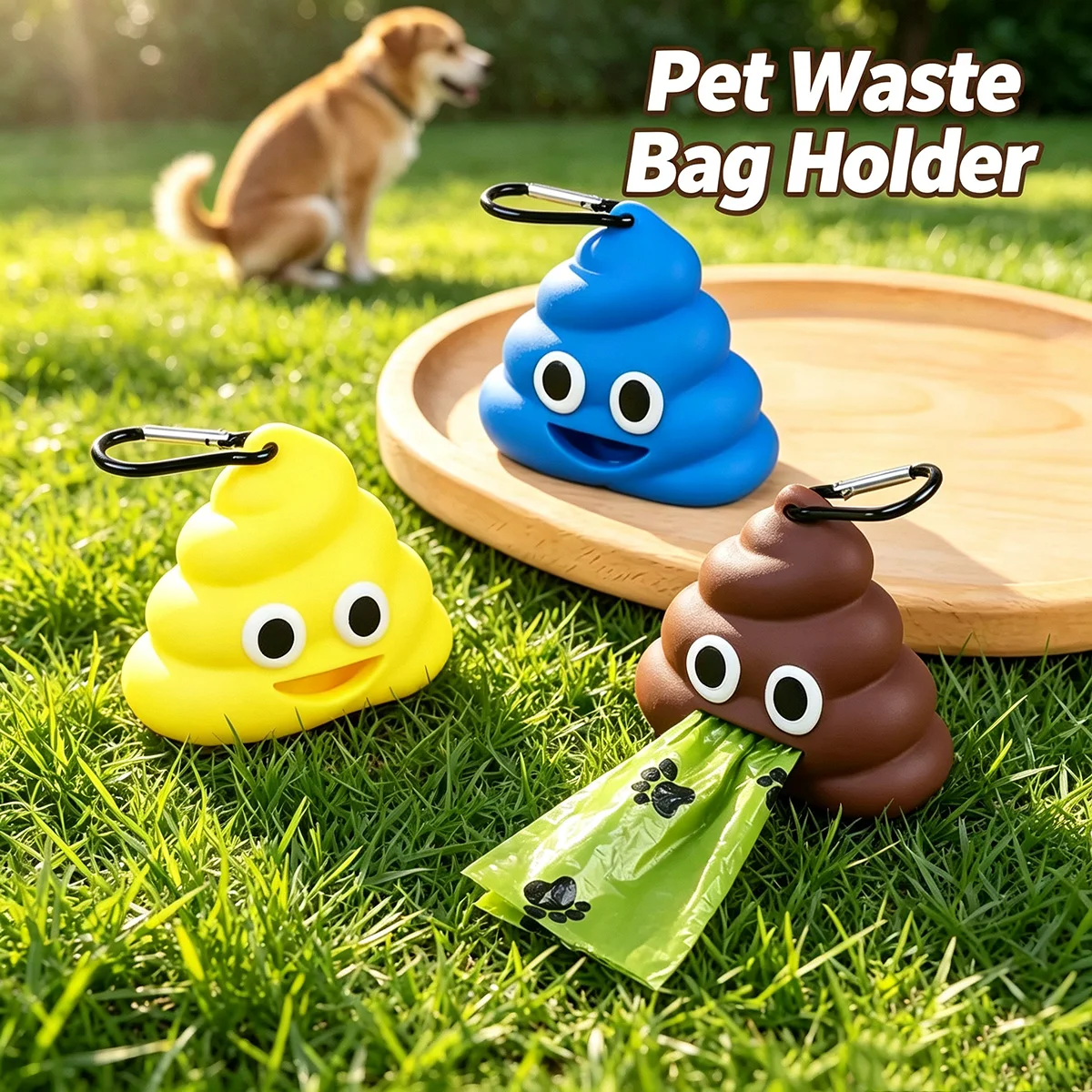 Dispenser per sacchetti igienici per animali domestici con design a forma di cacca, leggero, in silicone, con clip, per cani e gatti, per passeggiate, escursioni e pulizia domestica.