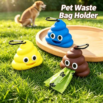 Dispenser per sacchetti igienici per animali domestici con design a forma di cacca, leggero, in silicone, con clip, per cani e gatti, per passeggiate, escursioni e pulizia domestica.
