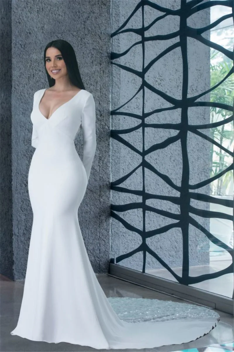 

Sexy Long sleeve Satin Mermaid Wedding Dresses Simple V-Neck Illusion Bride Dress with Sweep Train Robe de Mariee