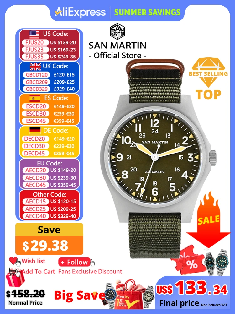 San Martin Pilot Watch 38mm NH35 Retro Military Automatic Mechanical Wristwatch Bead Blasted Case Waterproof 100m SN0137