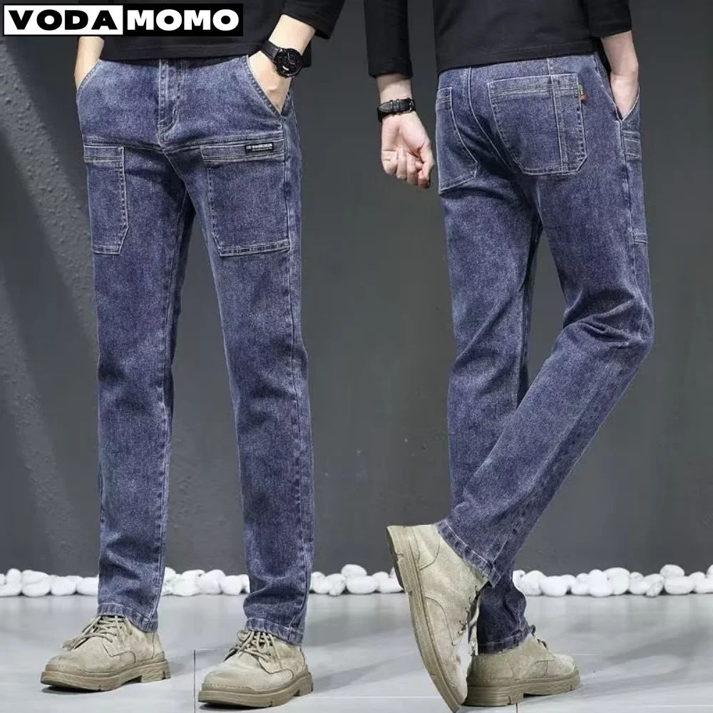 

2023 Spring Autumn New Men's Slim Straight Denim Jeans Premium Casual Clothing Simple Cotton Stretch Midweight Jeans Cowboy