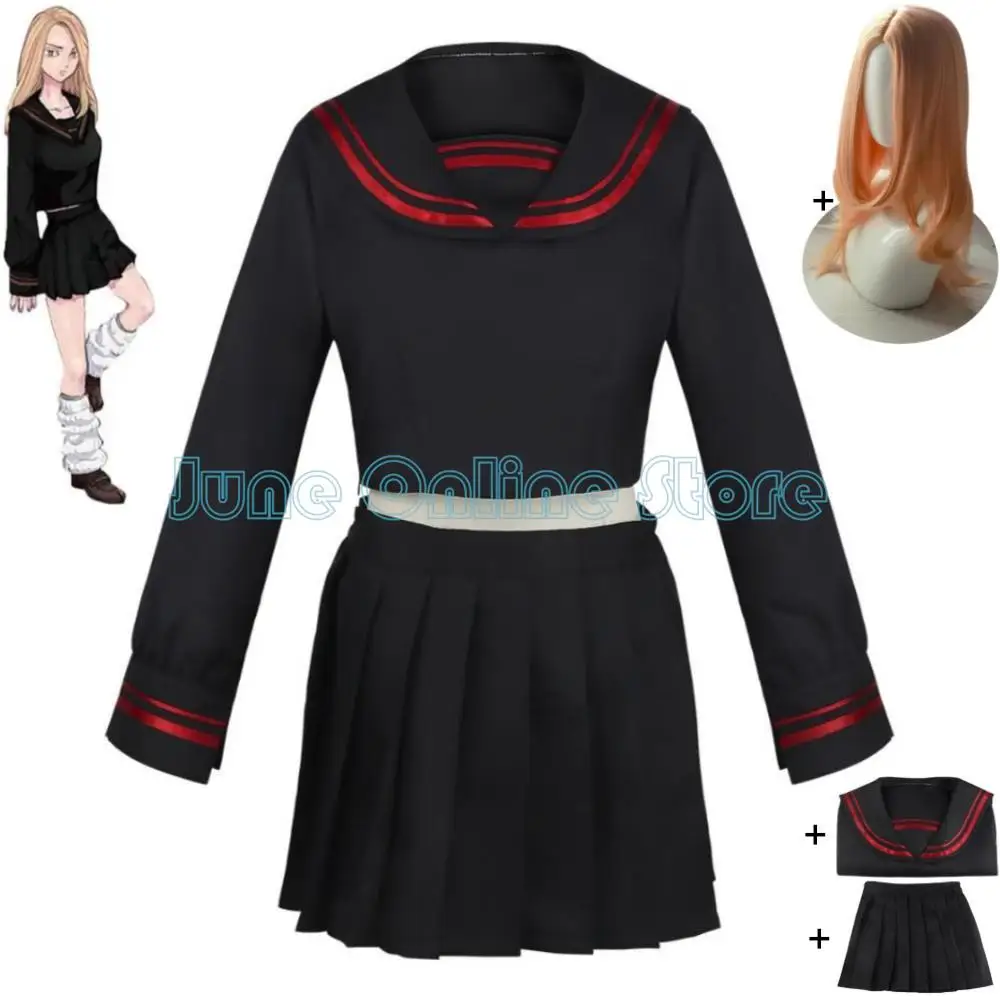 

Anime Tokyo Revengers Shiba Yuzuha Cosplay Costume Wig School Sailor Jk Uniform Black Top Skirt Halloween Role Play Suit
