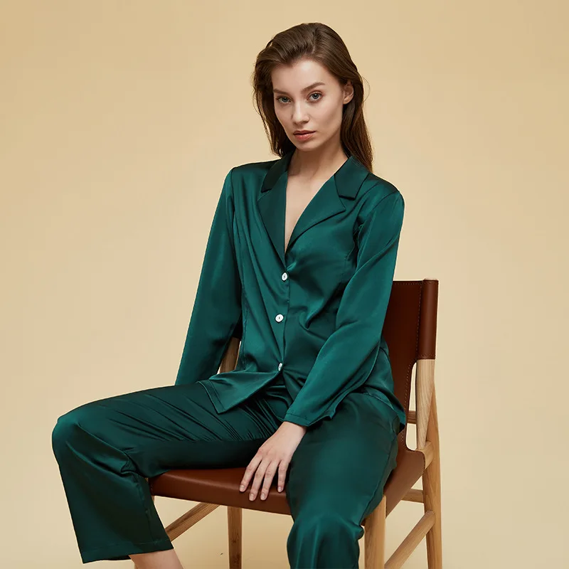 

Spring Sutumn 2PCS Shirt&Pant Female Pajamas Sleepwear Loose Silk Satin Home Wear Burgundy Solid Long Sleeve Trouser Suits