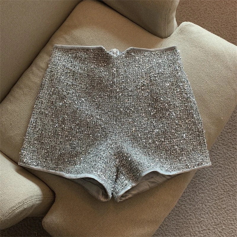 

2023 New Spring Summer High Quality Women Shorts Fashion Solid Slim Pattern High Waist Sequin Tweed Short Pants Streetwear