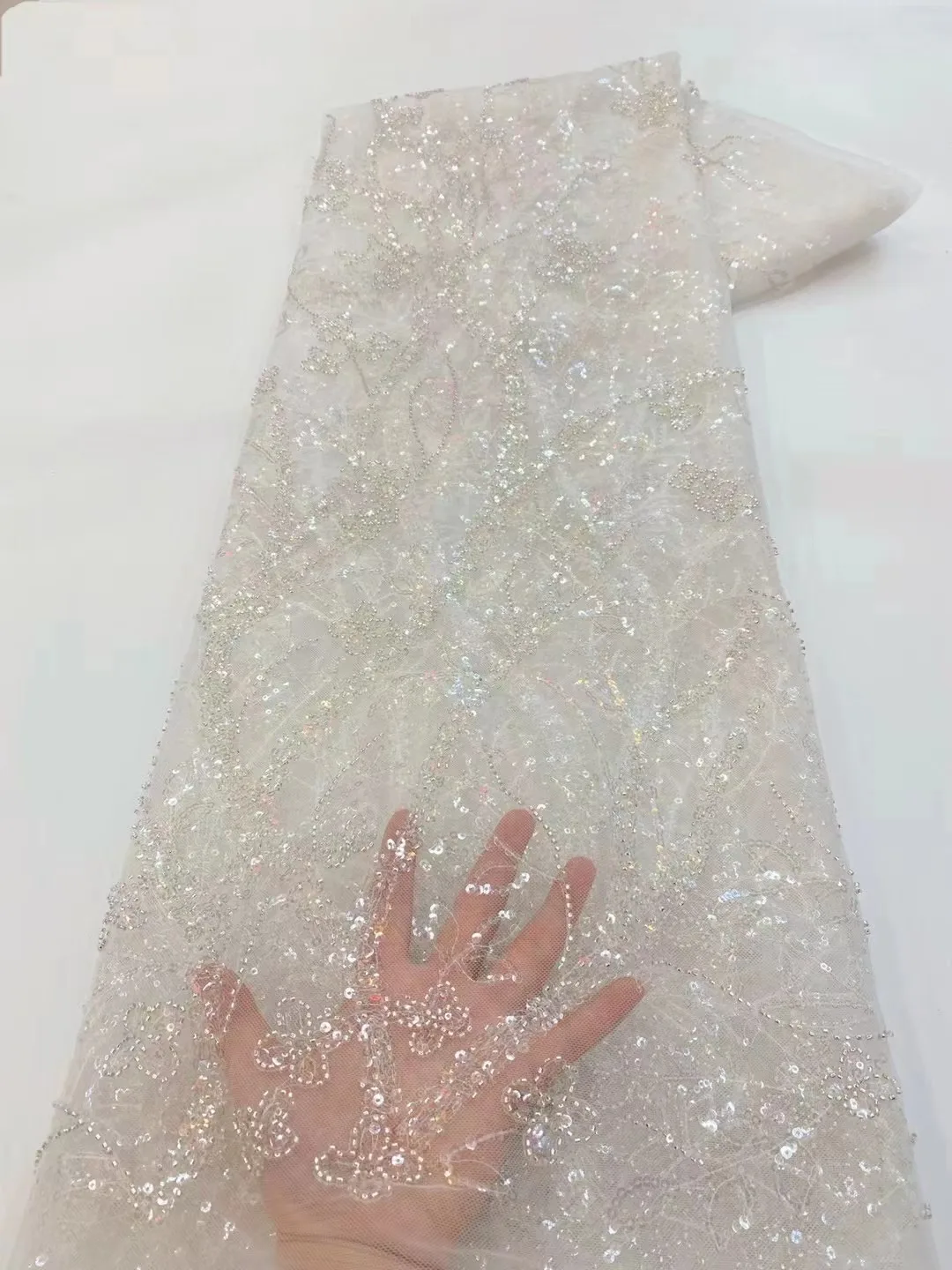 

African Sequins Lace Fabrics Latest Beaded Embroidery French Tulle Mesh Lace Fabric Material For Party Wedding sewing QF0812