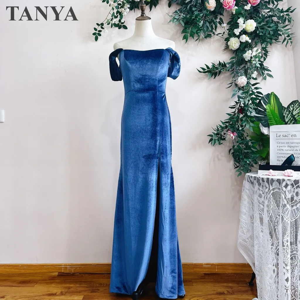 

Long Mermaid Night Blue Velvet Evening Dress Off The Shoulder Sweetheart Zip Back Simple Formal Lady Event Gown