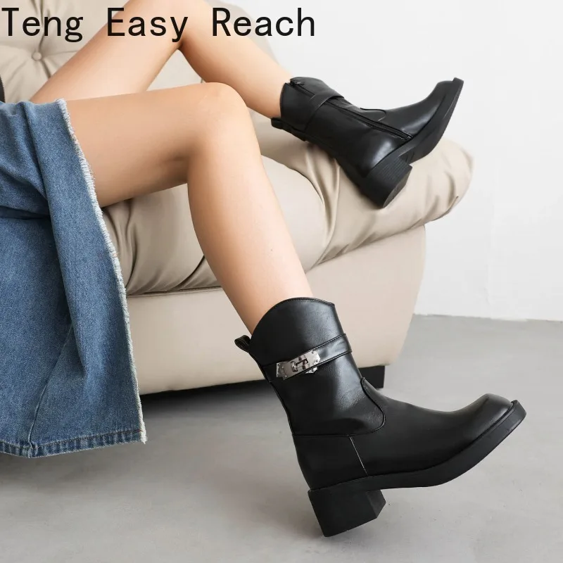

2024 Autumn/Winter Women's Ankle Boots Fashion Square Head Chunky Heel Zipper Women's Casual Ankle Boots Platform Chelsea Shoes