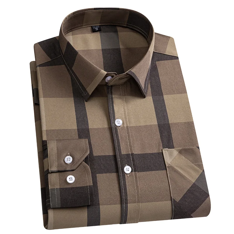Shirt Print Men Spring Fashion Casual Soft Comfort Button Plaid Smart Shirt Slim Fit Stretch Anti-Wrinkle Non-iron Social Tops