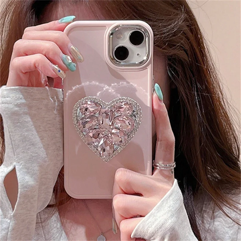 Chic Pink Diamond Heart Stand Phone Case - Easy Stand Soft Silicone Cover