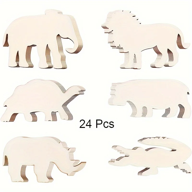 

24 Pack Wood Animal Cutouts Jungle Animal Crafts Wood Elephant, Rhino, Lion, Hippo, Crocodile, Turtle Safari Animal Ornaments