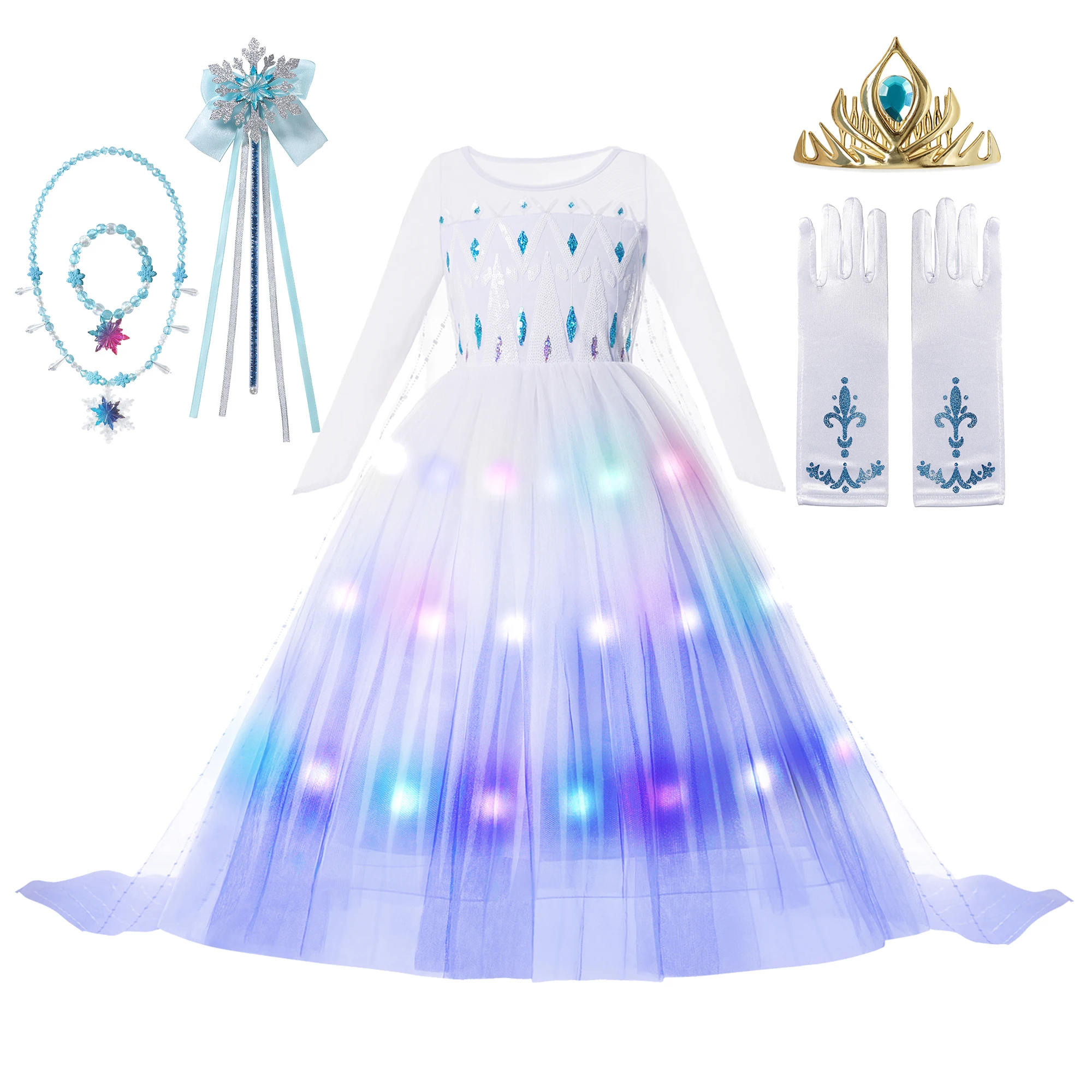 Jasmine Mermaid Ariel LED Light Up Dress for Girls Kids Frozen Princess Elsa Cosplay Tinker Bell Aurora Cinderella Party Clothes