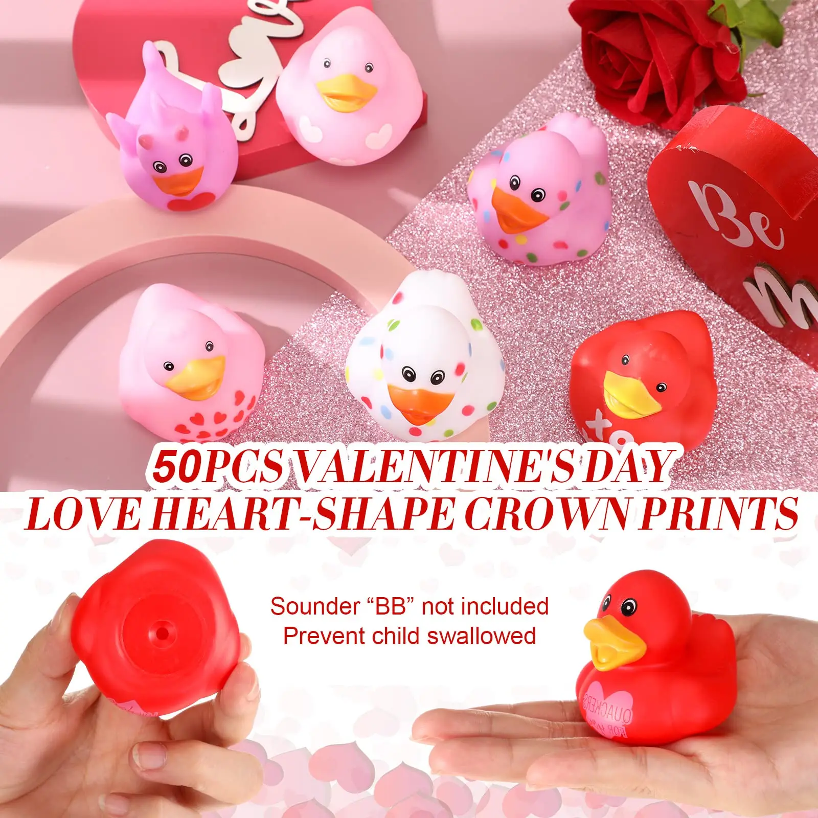 50Pcs 2.4Inch Valentine Rubber Duck in Bulk Valentine's Day  Heart Rubber Duck for Pool Bath Toy Classroom Prize Party,12 Style 3