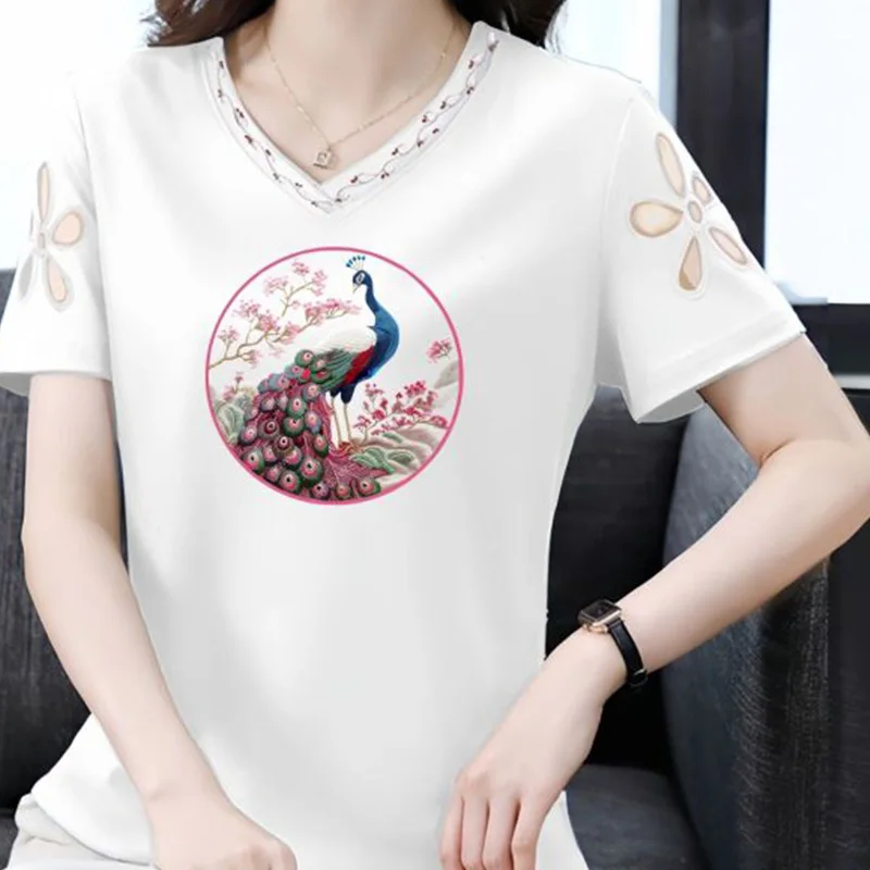 

2024 New Summer Chinese Style Simplicity Loose Casual Office Lady Elegant Fashion T-shirts for Women V Neck Short Sleeve Tops