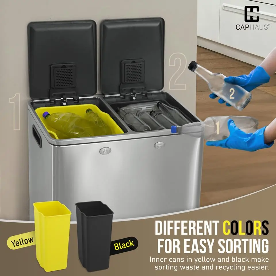 Double Lid, Trash & Recycle Bins Combo, Hands-Free Stainless-Steel Garbage Can for Kitchen, with 2 Compartment, Hinged Lid, Odor