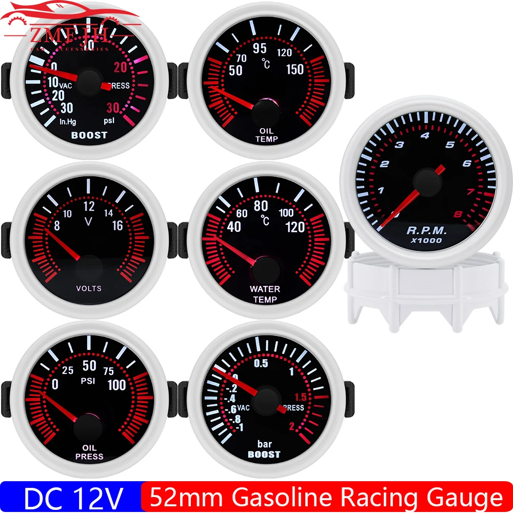 Carro Turbo Boost Gauge Medidor, Água e óleo Temp Medidor, Tacômetro a vácuo, Volt Oil Pressure, 12V, Smoke Len, PSI, BAR, 12V, 2 