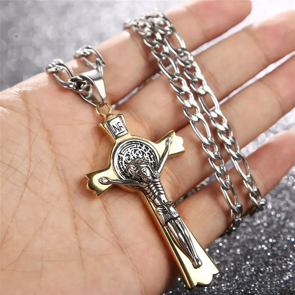 

24'' Stainless Steel Byzantine Chain Saint Catholic Benedict Crucifix San Jesus Necklace Cross Necklaces For Men Jewelry Gifts