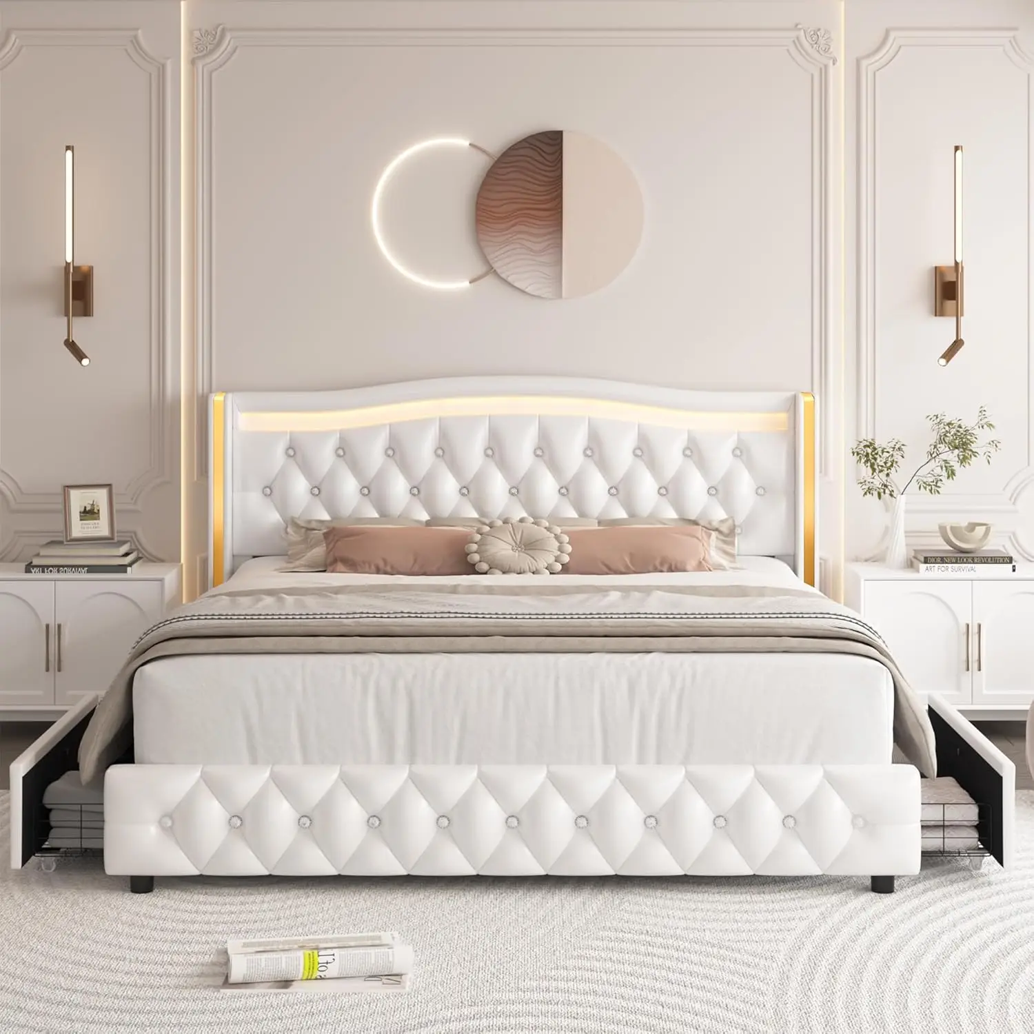 Queen Smart LED Platform Bed Frame with 4 Storage Drawers, Crystal Button-Tufted & Stainless Gold Trim Wingback Headboard 3