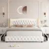 Queen Smart LED Platform Bed Frame with 4 Storage Drawers, Crystal Button-Tufted & Stainless Gold Trim Wingback Headboard 3