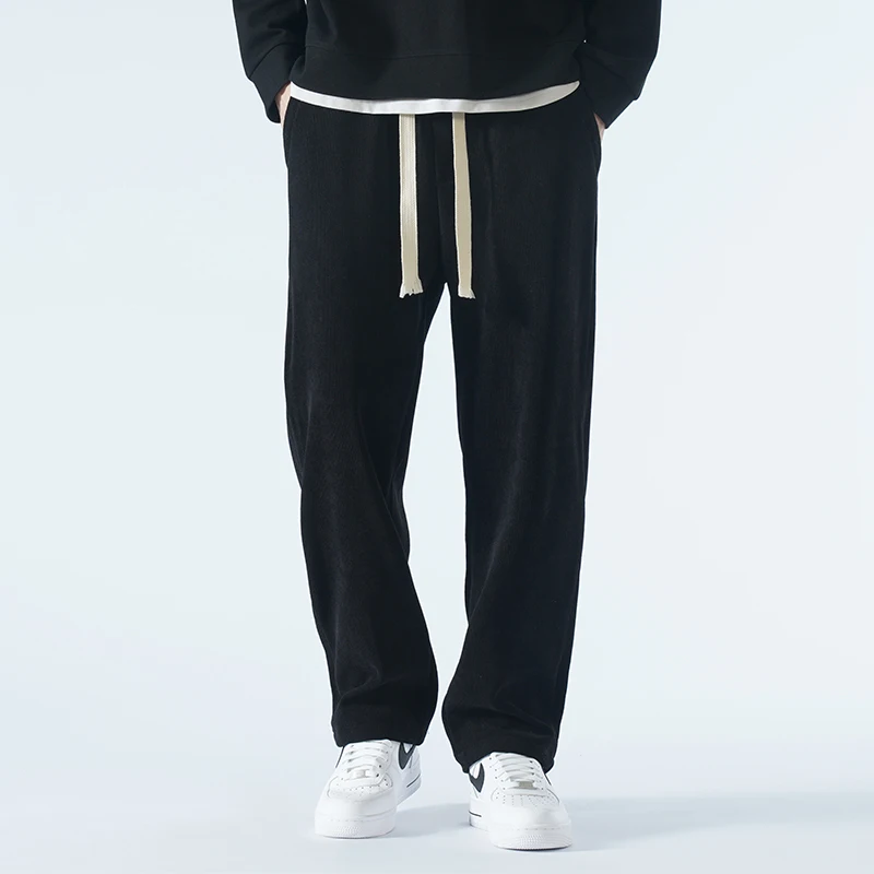 Spring Autumn New Solid Color Fashion Elastic Waist Straight Pants Man High Street Loose Pockets Drawstring All-match Trousers
