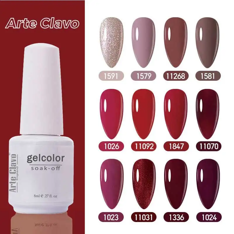 

Arte Clavo 8ml Nail Gel Polish Soak Off LED Nail Fasion Red Wine Color Gel Long Lasting Acrylic Top Base Maincure DIY Nail Art