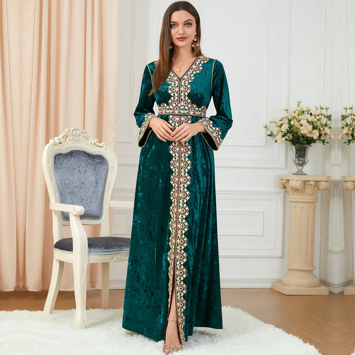 Embroidered Gold Velvet Abaya for Women Muslim Dress Long Sleeve Kaftans