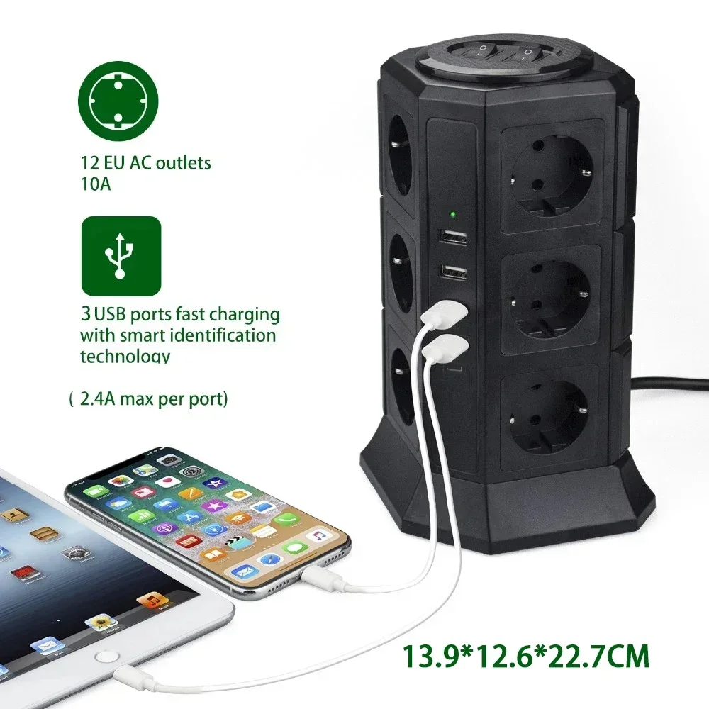 EU Multi Plug Power Strip Vertical Tower Socket with 6/10/14 Outlets 4 USB  Ports Independent Switches 2M Extension Cable