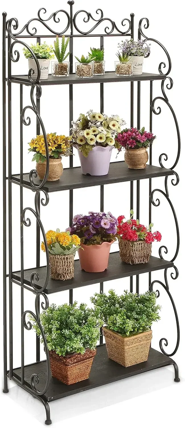 Decorative black bookshelf styled with plants and books