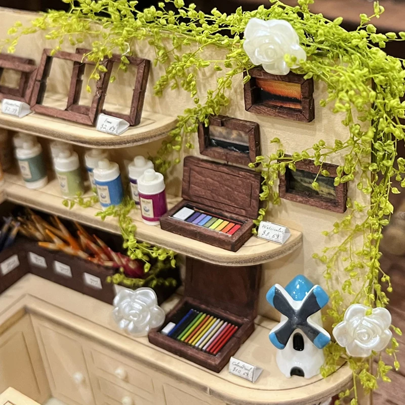 DIY Wooden Miniature Model Kit Paint Shop Casa 3D Puzzle Dollhouse With Furniture Lights Roombox Home Decor for Friends Gifts 3