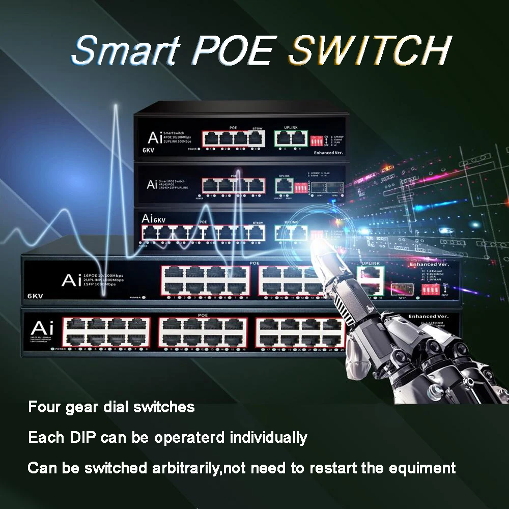 기가비트 4/8 포트 AI POE 스위치, 6KV 조명 보호, 루프 및 루프 보호, 지능형 재시작, 250m 확장, VLAN