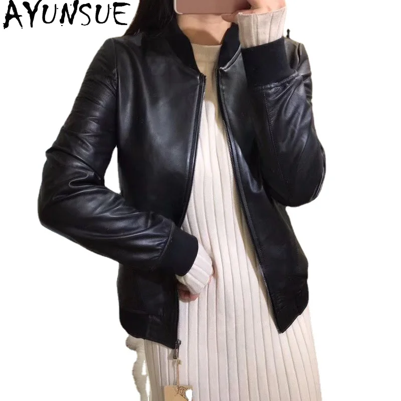 

AYUNSUE Sheepskin Genuine Leather Jacket Women Clothes Black Motorcycle Short Coats Woman Spring Outwear Jaqueta Couro Feminina