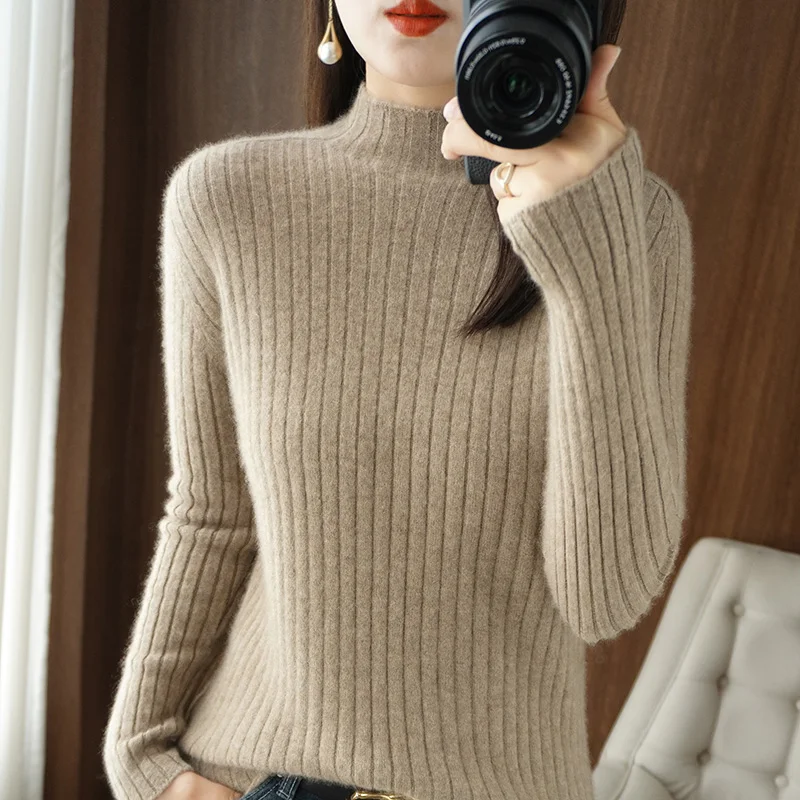 

Autumn Winter New Half high collar Cashmere Sweater Women's Loose Cashmere Sweater Solid Color Iong-Sleeved Knit Bottoming