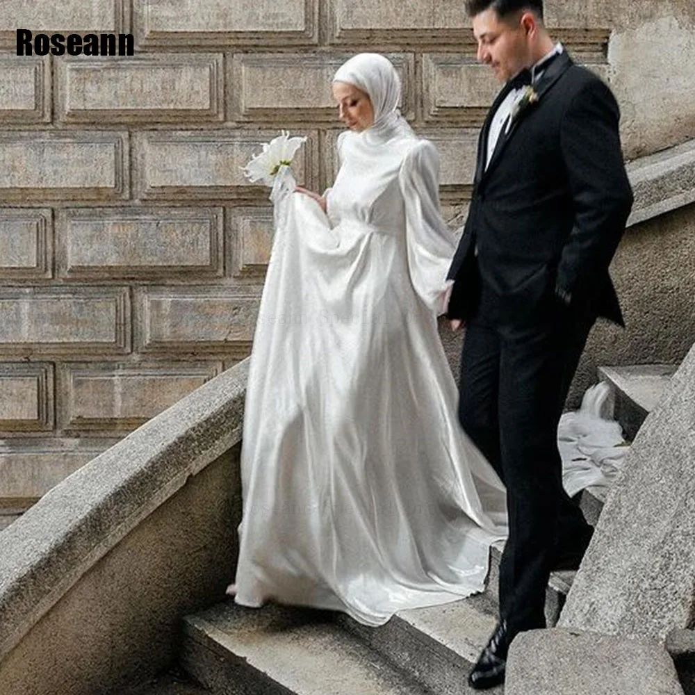 

Muslim 2024 New High Collar Ivory A-line Wedding Dress Draped Pleat Satin Floor Length Brush Train Bride Dresses robe de mariée
