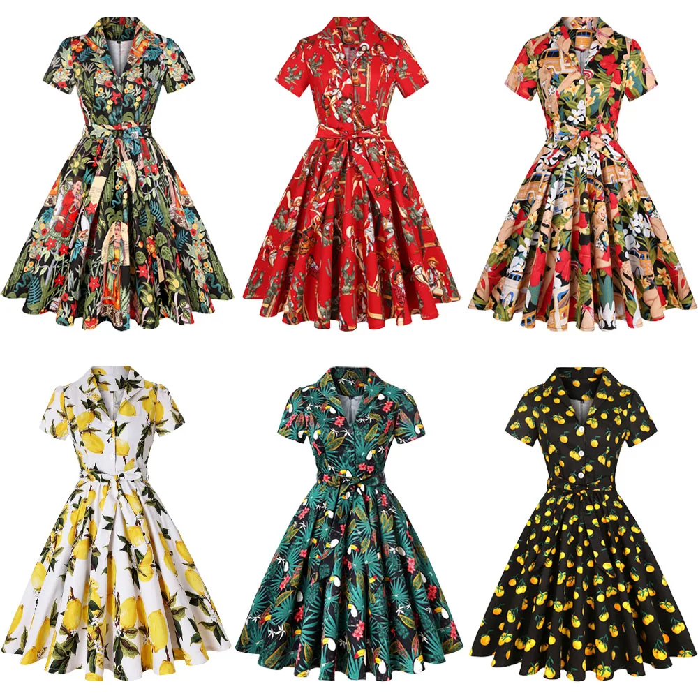 2022 Cotton Vintage Dress SD0002 Women Short Sleeve S-4XL Large Swing 50S Retro Floral Print Rockabilly Dresses