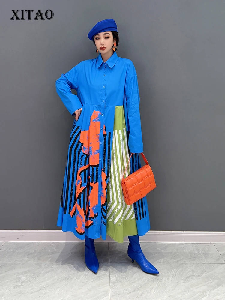 

XITAO Print Pattern Striped Dress Fashion Full Sleeve Pullover Goddess Fan Casual Style Pleated 2022 Minority Dress FBB1589