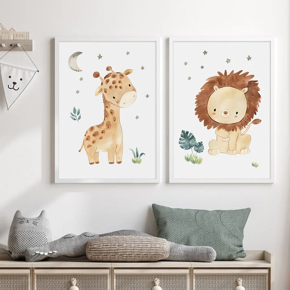 Boho Cartoon Cute Elephant Giraffe Animals Posters Nursery Canvas