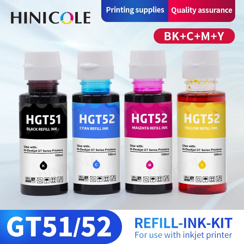 Hinicole 100ml Bottle Gt51 Gt52 Tanque de Recarga de Tinta Corante para hp Smart 450 455 500 510 515 516 519 530 559 570 610 615 651 Printer
