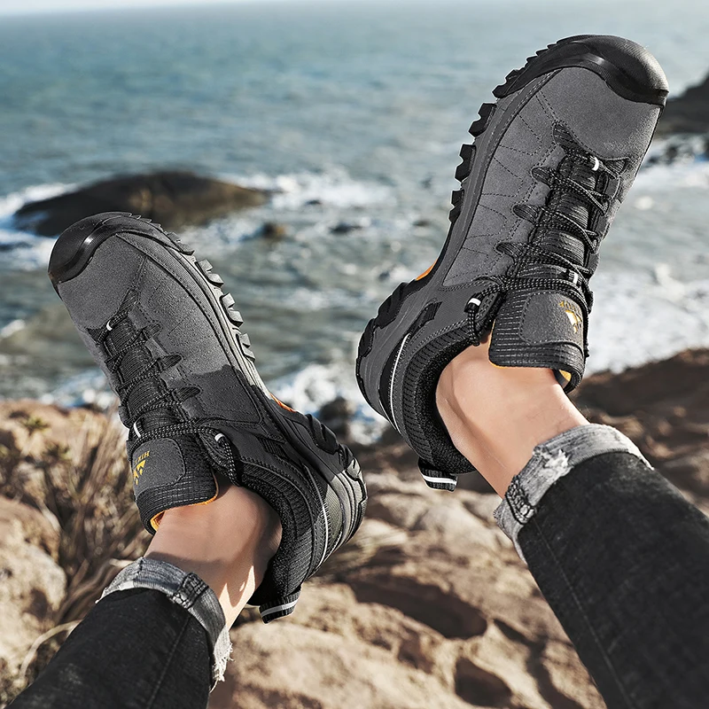 Hikeup Nieuwe Hoge Kwaliteit Mannen Wandelschoenen Duurzaam Leer Klimmen Schoenen Outdoor Wandelen Sneakers Rubberen Zool Factory Outlet