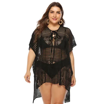 Women's Crochet Cover-Ups Loose Plus Size Beach Dress Women Hollow Out Summer Coverups Bathing Suit Tunic Bikini Blouse 1