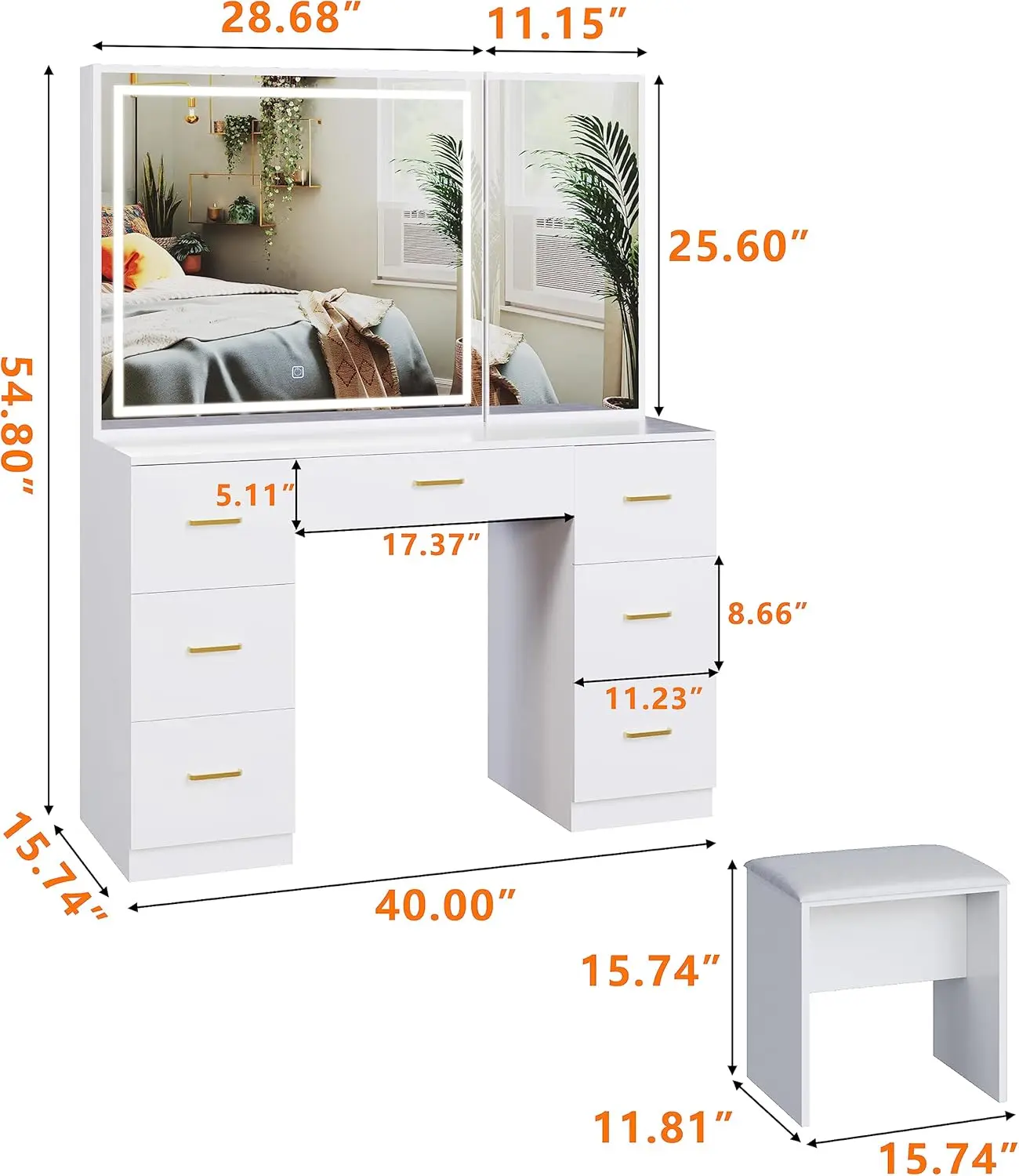 Description Picture 4 of itemLarge Lighted Vanity Desk with Stool, 7-Drawers Makeup Vanity with Mirror, Adjustable Brightness, Bedroom Vanity Set