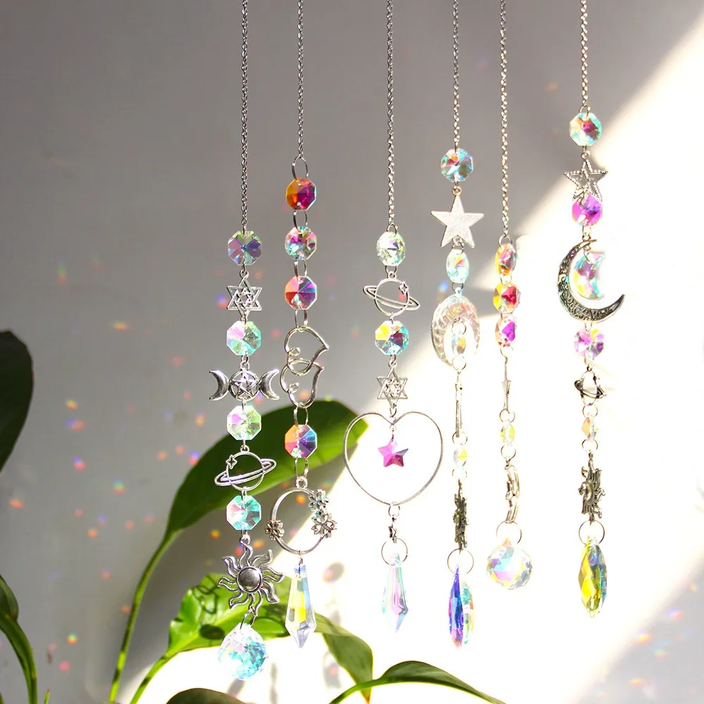 Silver Planet Theme Suncatcher Sun Moon Star Crystal Pendant Sun Catcher Home Outdoor Garden Decoration Wedding Party Decor Gift