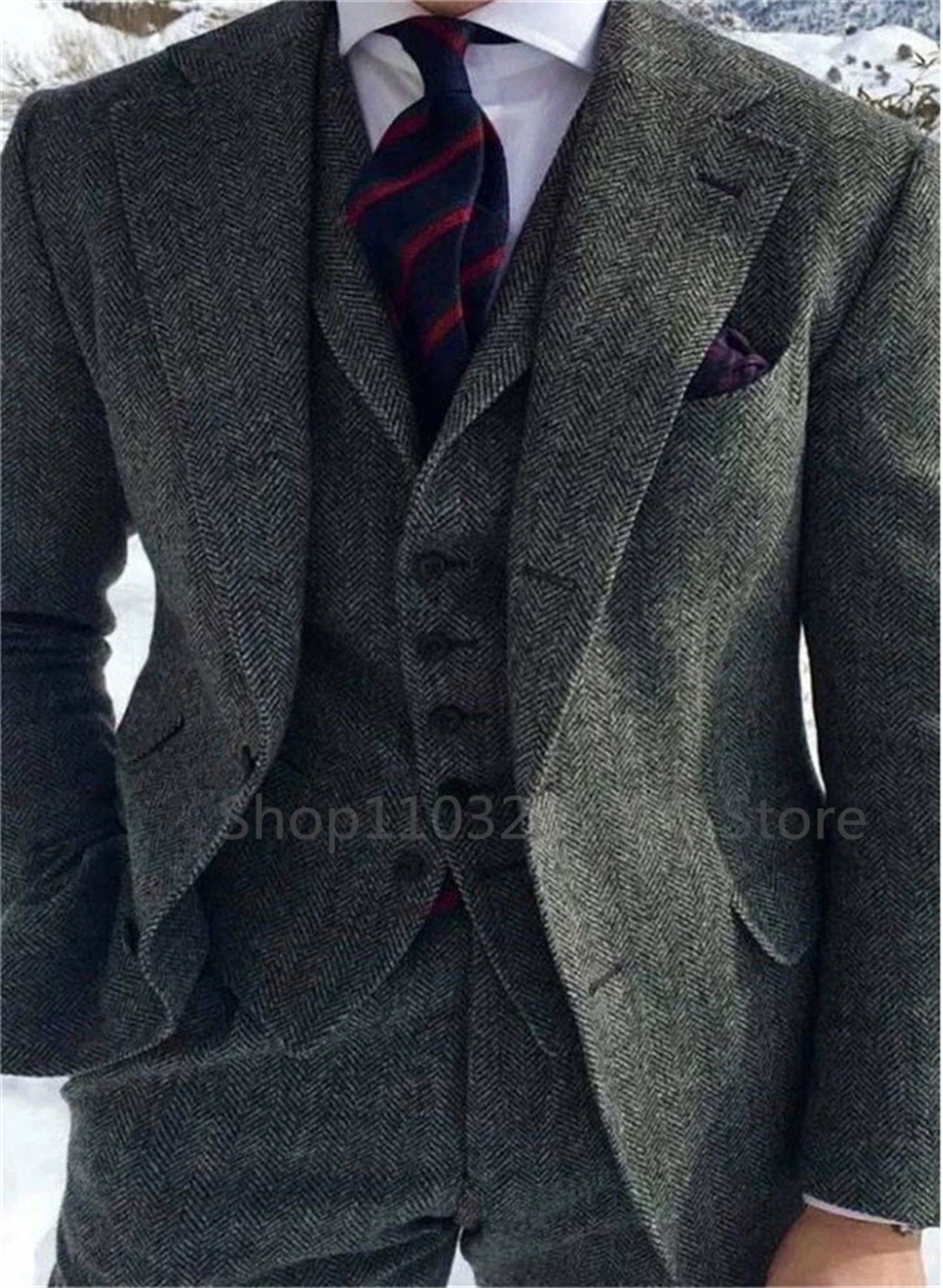 Gray Herringbone Winter Suit for Men Wool Tweed Slim Fit Formal Groom Wedding Tuxedo 3 Piece Sets Business Wedding Male Suits