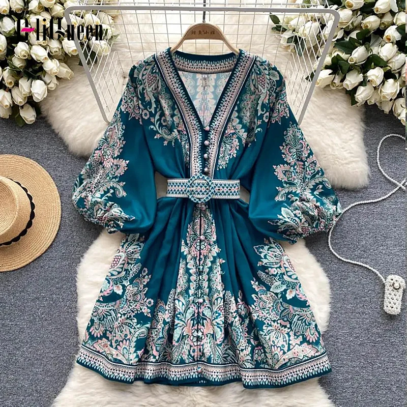 

Women Retro V-neck Printed Dress Runway Lantern Wrist Sleeve Single-breasted Belted Slim Mini Party Dresses Vestido Spring Fall