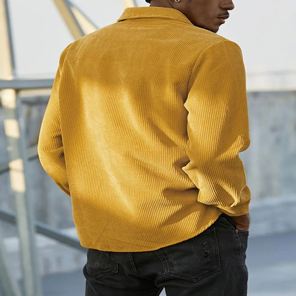 

Men Solid Color Shirt Men's Fall Lapel Shirt with Long Sleeves Striped Texture Patch Pocket Stylish Button-up Top for Comfort