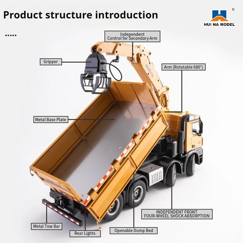 Huina New Product 1538 Remote Control Dump Truck 2.4G Remote Control 26 CH 1/14 Full-Scale Dump Truck Grab Wood Rc Model Dump 6
